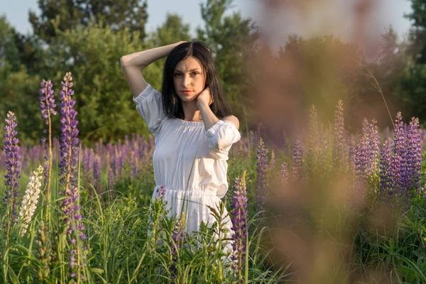 Young Pretty Sexy Girl White Long Dress Standing Sunset Field — Stock Photo, Image