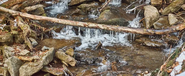 Vinter Mountain River Med Istappar Frysta Vintern Skog — Stockfoto