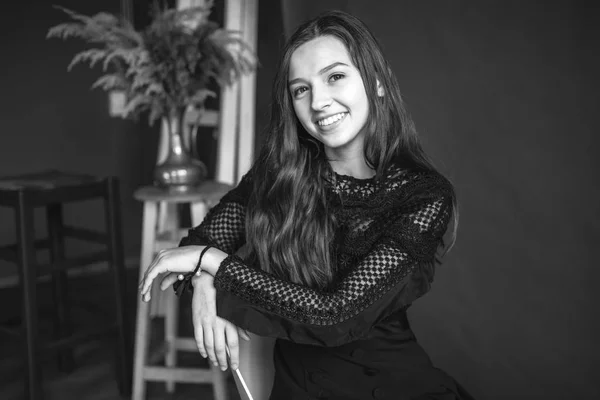 Young Pretty Sweet Charming Girl Who Sits Chair Gray Canvas — Stock Photo, Image