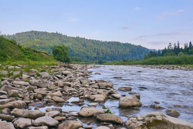 dağ nehir, dağlar, doğa, yeşil ormanlar ve hafifçe mavi gökyüzü
