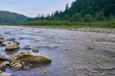 dağ nehir, dağlar, doğa, yeşil ormanlar ve hafifçe mavi gökyüzü