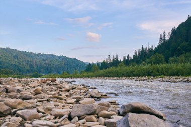 dağ nehir, dağlar, doğa, yeşil ormanlar ve hafifçe mavi gökyüzü