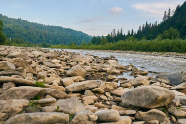 dağ nehir, dağlar, doğa, yeşil ormanlar ve hafifçe mavi gökyüzü