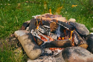 doğada bir yangın, yeşil bir Glade, taşlarla yanmış bir yangın yanıyor