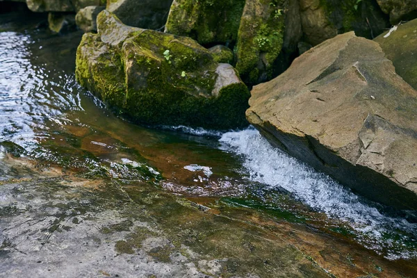 Mountain River Berg Natur Gröna Skogar Och Försiktigt Blå Himmel — Stockfoto