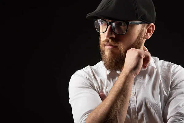 Portrait Young Man Glasses Beard Mustache Black Cap White Shirt — Stock Photo, Image