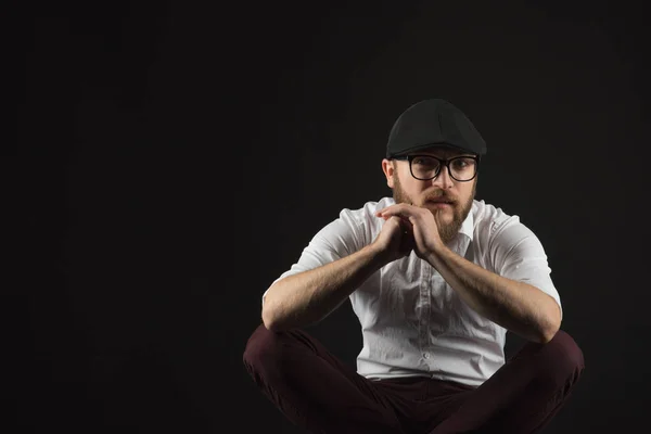 Young Pretty Big Bearded Man Glasses Beard Mustache Black Cap — Stock Photo, Image