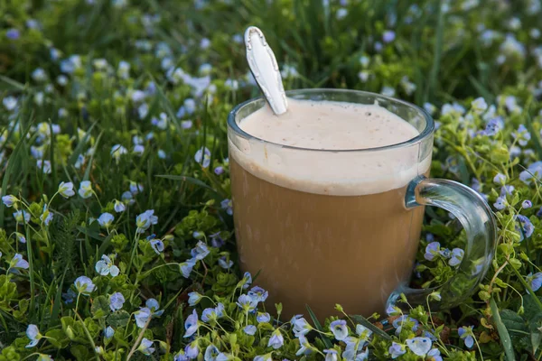 Transparent Morgue Med Mjölk Kaffe Drink Med Tesked Grönt Gräs — Stockfoto