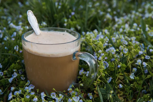 Transparent Morgue Med Mjölk Kaffe Drink Med Tesked Grönt Gräs — Stockfoto