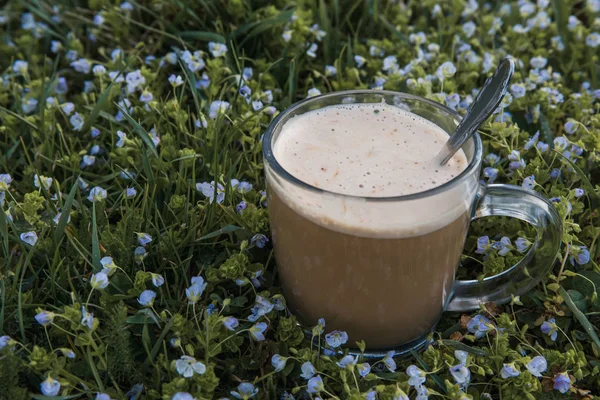 Transparent Morgue Med Mjölk Kaffe Drink Med Tesked Grönt Gräs — Stockfoto