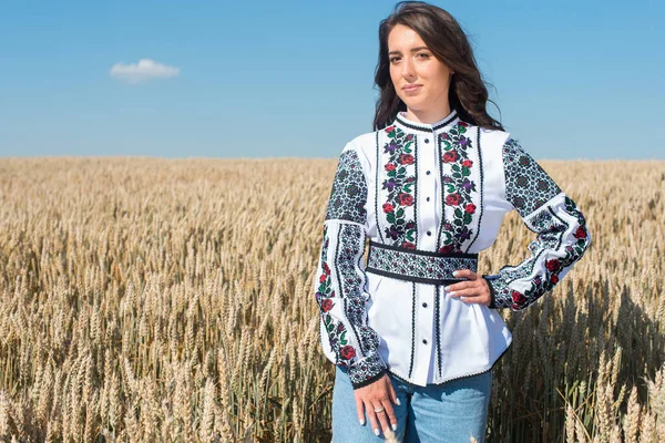 Uma Menina Jovem Bonita Bonita Traje Brilhante Tradicional Ucraniano Campo — Fotografia de Stock