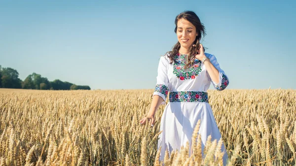 Ein Junges Hübsches Hübsches Mädchen Einer Ukrainischen Tracht Einem Goldenen — Stockfoto