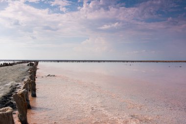 Gül tuzu gölü Sivash üretimi, tuz ve terapi çamuru. Ukrayna Kherson bölgesi.