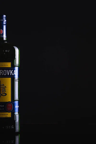 Lviv Stad Oekraïne Oktober 2020 Fles Becherovka Geïsoleerd Een Donkere — Stockfoto