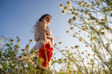Papatya tarlasında neşeli bir kadın ve parlak bir kırmızı haşhaş berrak bir gökyüzünün altında güneşin altında güneşleniyor. Yaz mutluluğunu ve özgürlüğü yakalar.