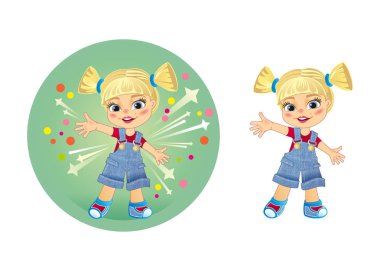 Blondhaired bebek kız kot kaba pamuklu tulum giyen pigtails ile 
