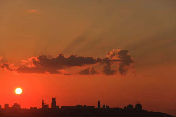Stad Silhouet Zonsondergang Achtergrond — Stockfoto
