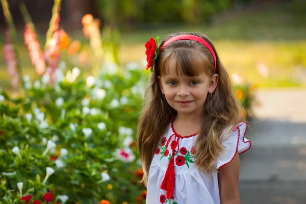 Porträt Eines Kleinen Süßen Lächelnden Mädchens Vor Dem Hintergrund Der — Stockfoto