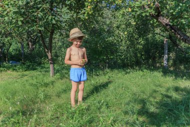 Bahçede elinde elma olan küçük bir çocuk.