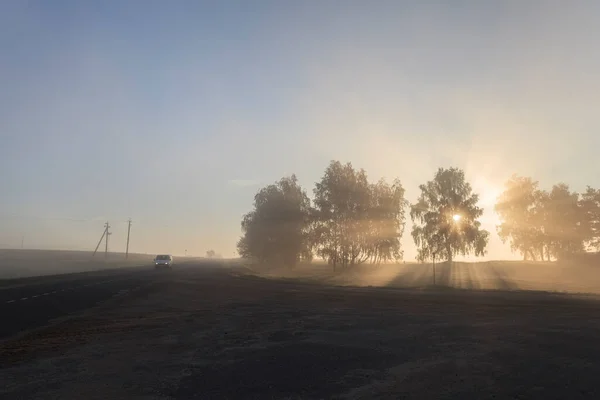 Nebeliger Herbstmorgen Sonnenstrahlen Durchdringen Den Nebel — Stockfoto
