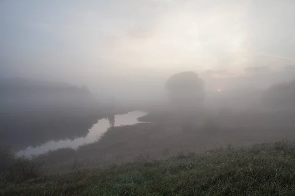 Herbstlandschaft Sonnenaufgang Über Dem See Bedeckt Mit Dichtem Nebel — Stockfoto