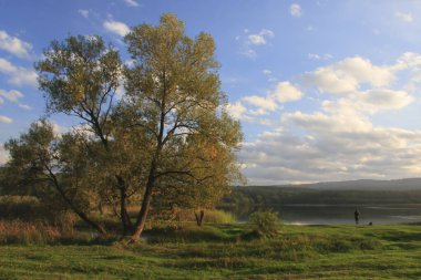 Güneşin doğuşunda gölün kıyısında