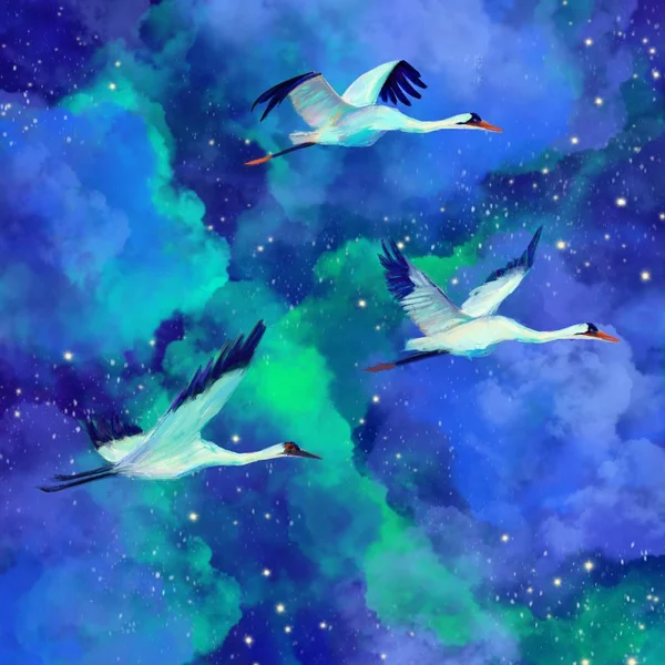 flock of beautiful birds birds on a fantastic sky watercolor illustration. Galactic stars, night sky, bright lights.Shining clouds. Print on canvas or for interior decor.