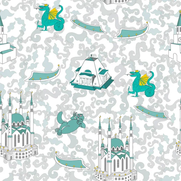 Tataristan hoş geldiniz. Tatar cami Qol Şerif ve trasitional tatar süsleme. El çizim vektör çizim. Kazan Kremlin, İslam sembolü. Kazan süsleme