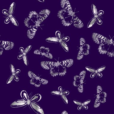 Dekoratif vintage şık beyaz gümüş kelebek üstüne koyu mavi arka plan ile zarif modern vektör Dikişsiz desen arka plan duvar kağıdı. Sonsuz lüks şekil ve doku. Kelebek.