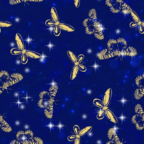 Bijoux éclat doré insecte papillon volant avec motif étoiles scintillantes dans la promotion de la publicité ou célébration des vacances saisonnières isolé fond noir, créer par vecteur.Convient pour printin — Image vectorielle