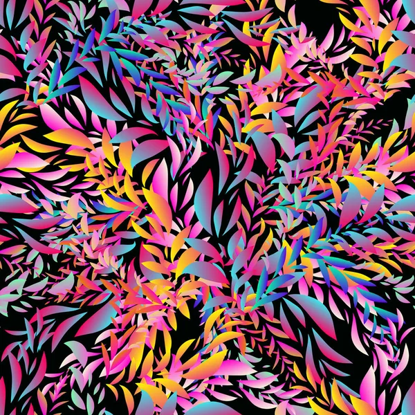 Motif floral aquarelle sans couture avec des feuilles et des baies en couleurs rouge et bleu sur fond noir, illustration dessinée à la main — Image vectorielle