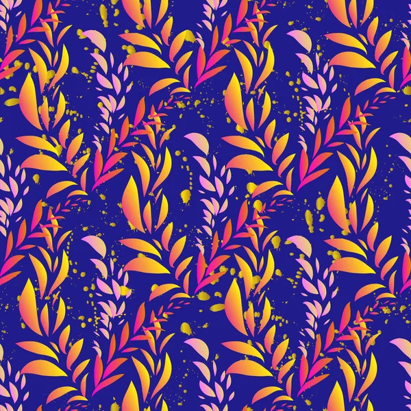 Schöne exotische abstrakte Allover-Muster. Palmblätter in verschiedenen Formen in leuchtenden, neonfarbenen Farben. auf dunklem Hintergrund, für Mode, Interieur, Schreibwaren, Web. — Stockvektor