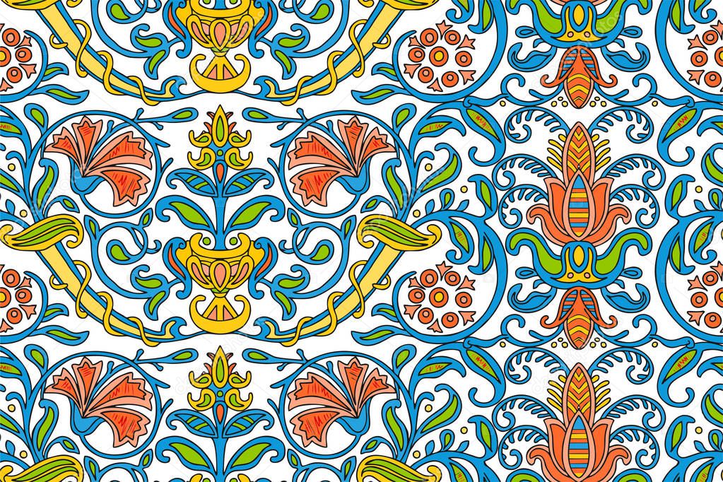Traditional Arabic ornament seamless for your design. Floral ornamental seamless pattern for ceramic tile, desktop wallpaper, interior decoration, wrapping paper, graphic design and textile. Iznik.