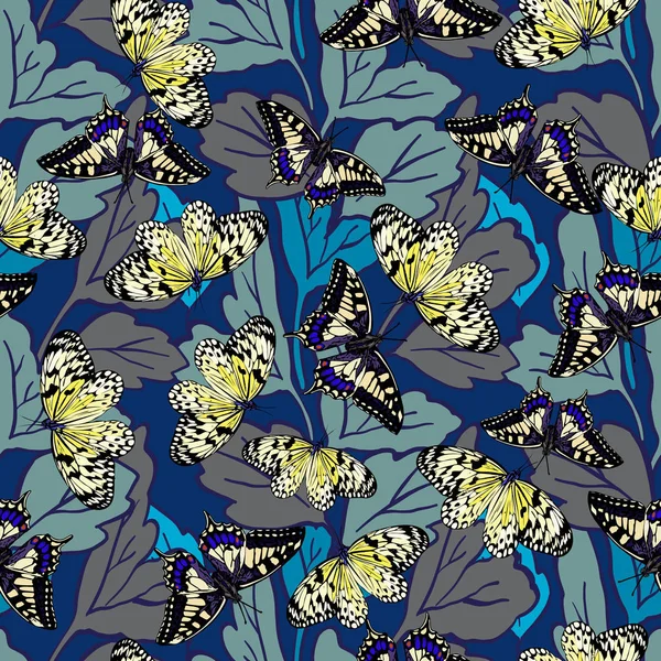 Nahtloser Hintergrund mit einem Muster von Schmetterlingen. aglais io, parnassius apollo, acherontia atropos, papilio machaon. Grafik. Handgezeichnet — Stockvektor
