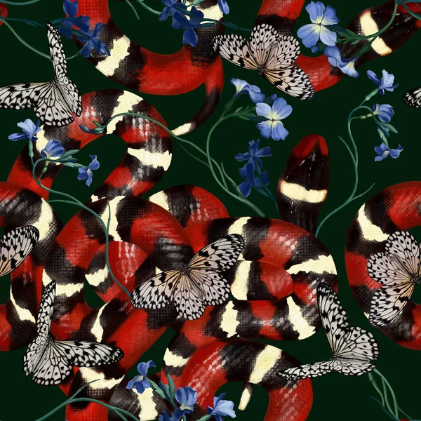 Mercan yılanı, yeşil botanik arka planda kırmızı çizgili yılan. Kırmızı siyah beyaz yılan. Vektör çizimi, kusursuz desen.