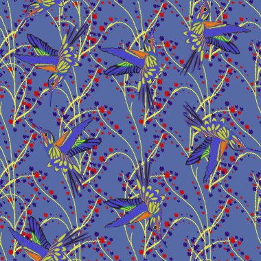 Sinekkuşu nakış dikişsiz desen. Güzel sinekkuşları ve siyah arka plan üzerinde beyaz papatya nakış. Giysi, tekstil, t-shirt tasarımı için şablon