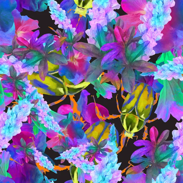 Patrón sin costuras, acuarela fondo floral, patrón para imprimir en tela, fondo de pantalla, bonitas flores peonía, hortensias, altramuz, iris y mariposa — Foto de Stock