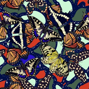 Kusursuz desenli güller, uçan kelebekler, el çizimleri. Vektör illüstrasyonu.