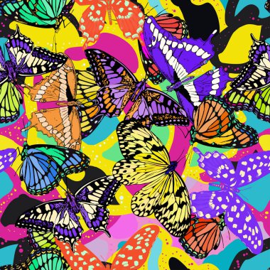 Kusursuz desenli güller, uçan kelebekler, el çizimleri. Vektör illüstrasyonu.