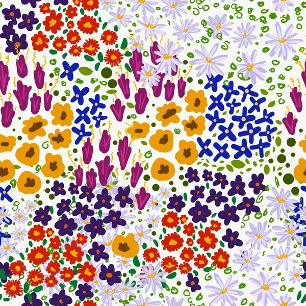 Küçük bir çiçekte şirin bir desen. Küçük çiçekler. Renkli parlak yaz silueti çizimi. Yaprakları ve gelincikleri soyut ve pürüzsüz. Modern için arkaplan bileşimi şablon vektörü