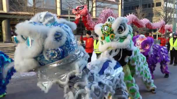 Chinees Nieuwjaar parade Toon. Traditionele Chinese new year dragons op de straten van Helsinki. — Stockvideo