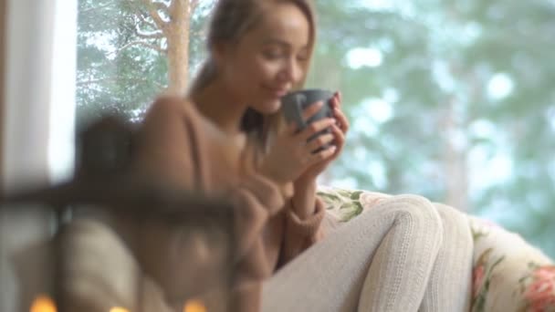 若い幸せな女は冬雪ツリーの背景色の付いた大きなウィンドウでホームに座ってホット コーヒーのカップを楽しむ — ストック動画