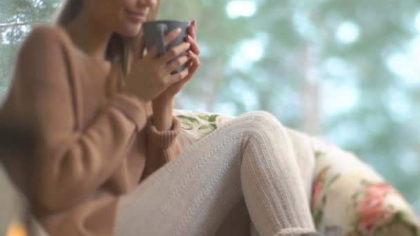 Joven mujer feliz disfrutar de la taza de café caliente sentado en casa por la ventana grande con fondo de árbol de nieve de invierno — Vídeos de Stock