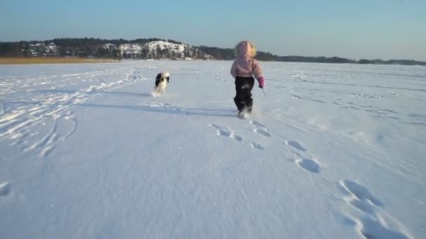 Маленька дівчинка грає з собакою в морозний сонячний день . — стокове відео