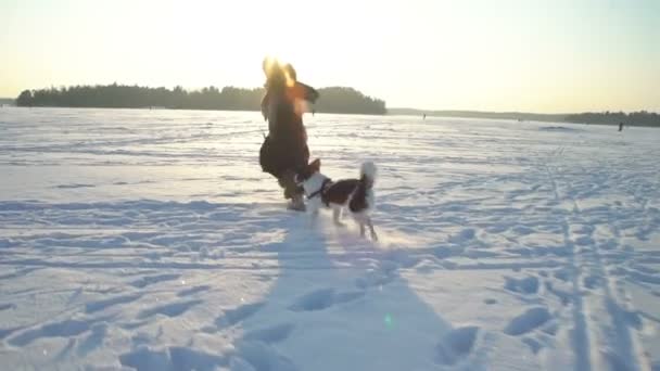小さな女の子と凍った海、湖の氷の上を走っている犬を持つ若い女性 — ストック動画