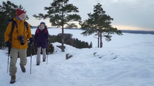 Jóvenes en caminata de invierno en las montañas, mochileros caminando sobre la nieve — Vídeos de Stock