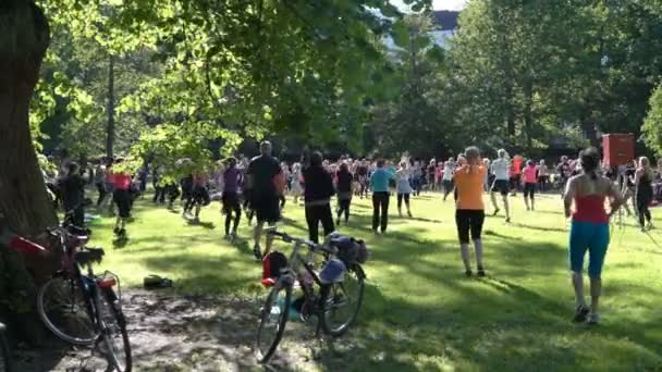 Masové aerobik v veřejné city Park — Stock video