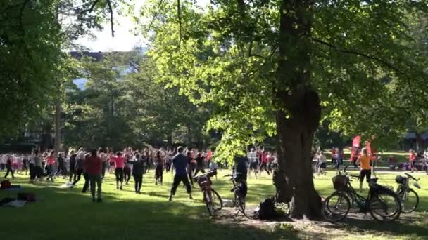 Aérobic de masse dans une ville publique Parc — Video