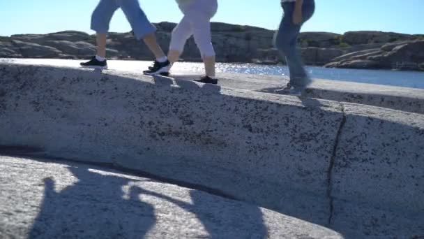 Mensen lopen onder de kust stenen in Tjome Natuur Park, Noorwegen — Stockvideo