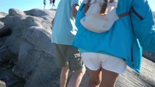 Een gelukkige liefdevolle volwassen paar geniet van een wandeling onder de kust stenen aan de kust. — Stockvideo